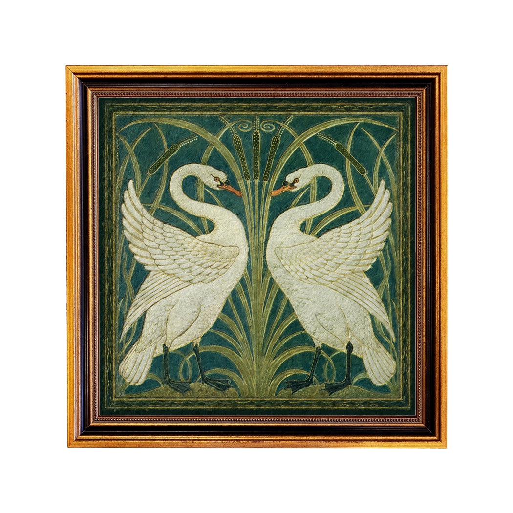 Two White Swans Vintage Wallpaper Print Behind Glass