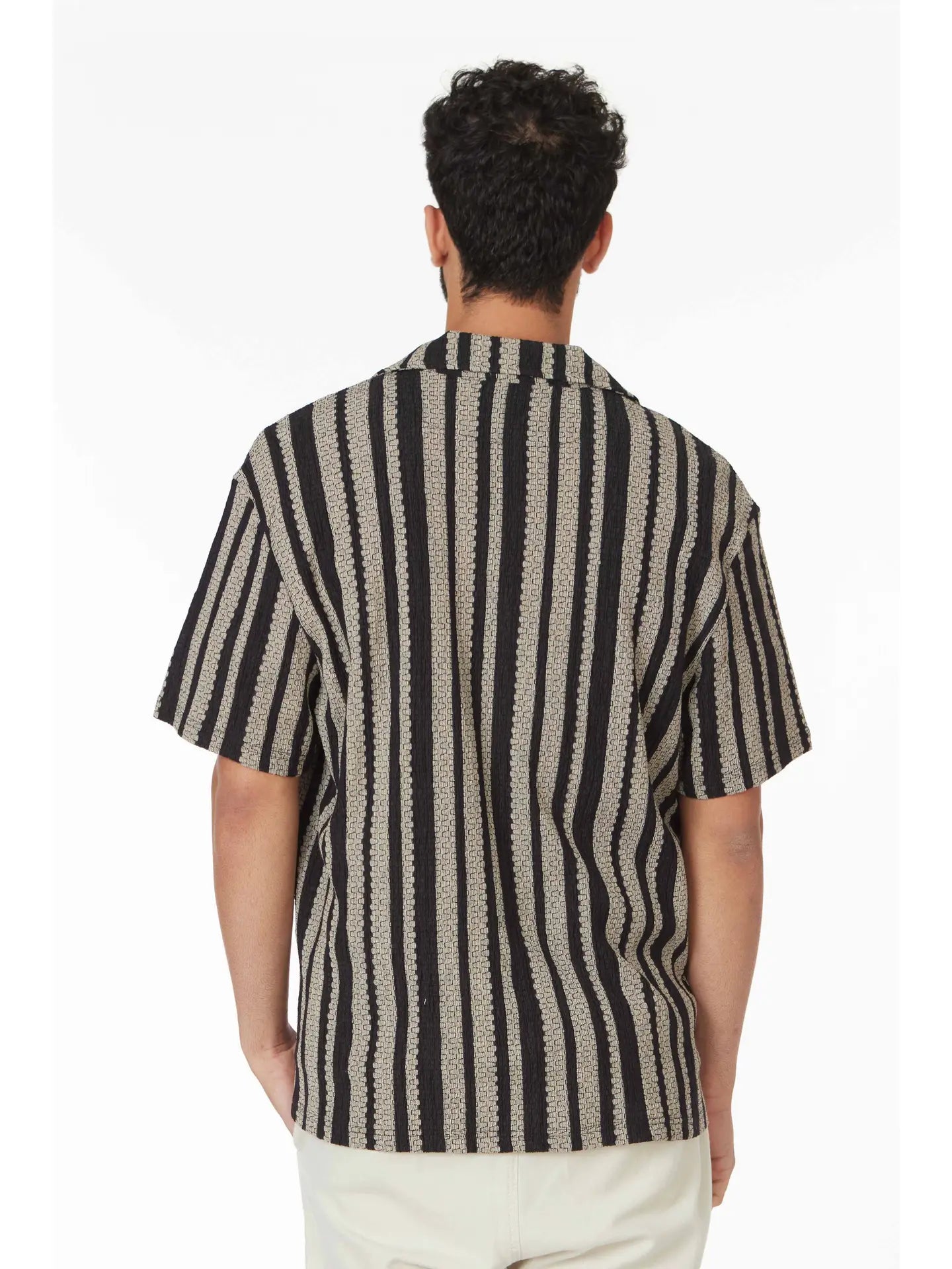Textured Black with Tan Stripe Short Sleeve Button Down