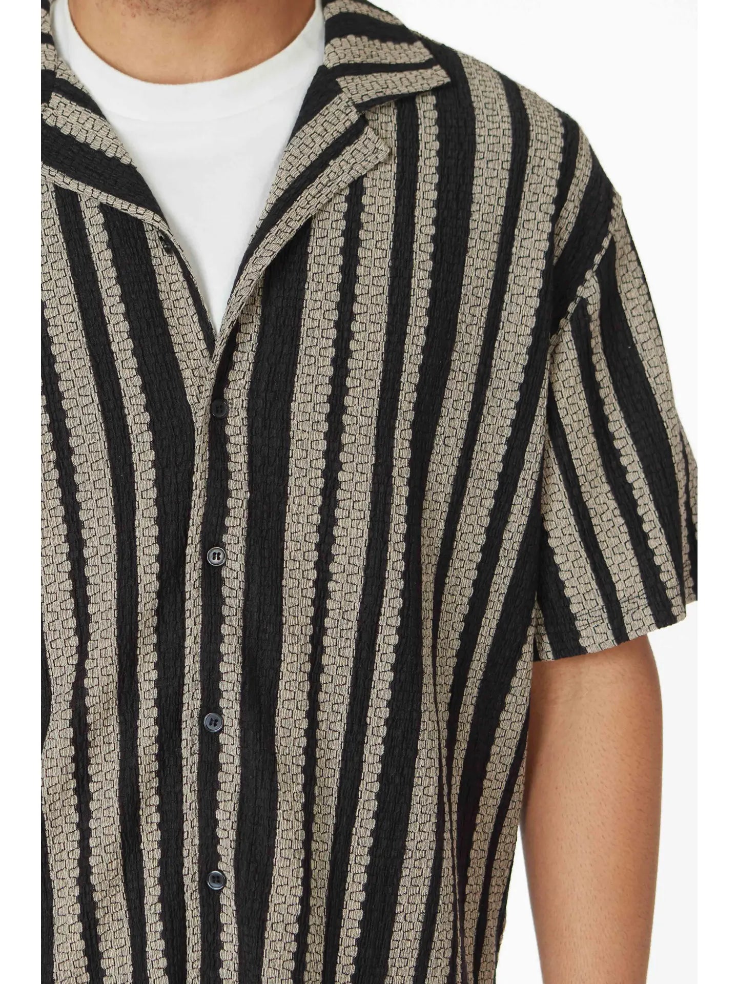 Textured Black with Tan Stripe Short Sleeve Button Down