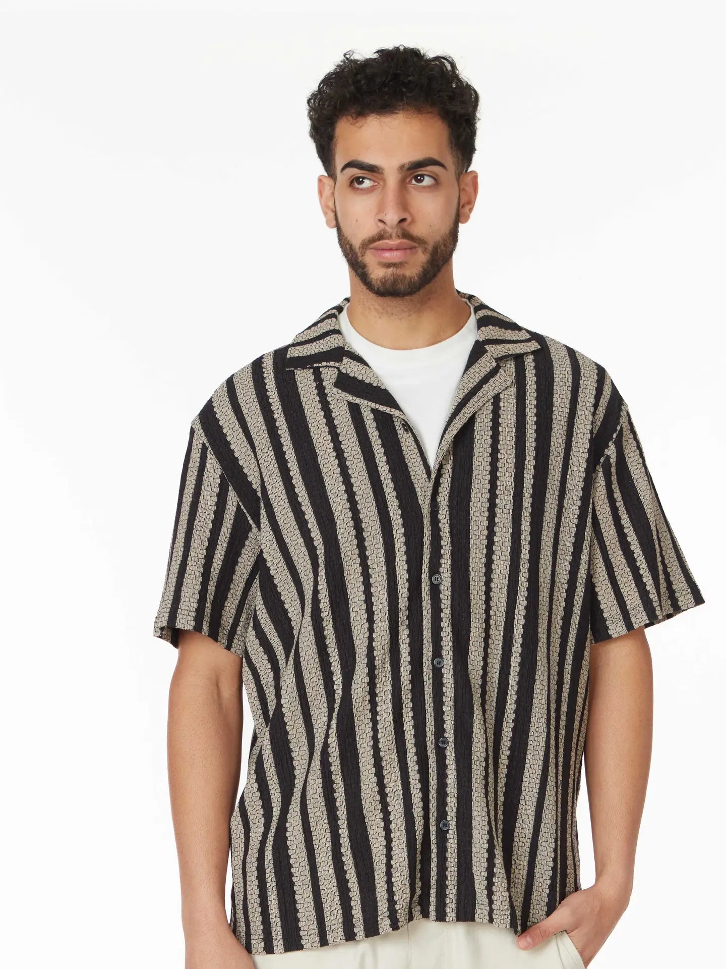Textured Black with Tan Stripe Short Sleeve Button Down