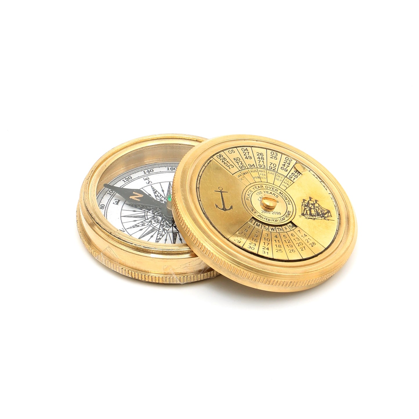 Vintage Collectible Brass Compass with Calendar-Gold