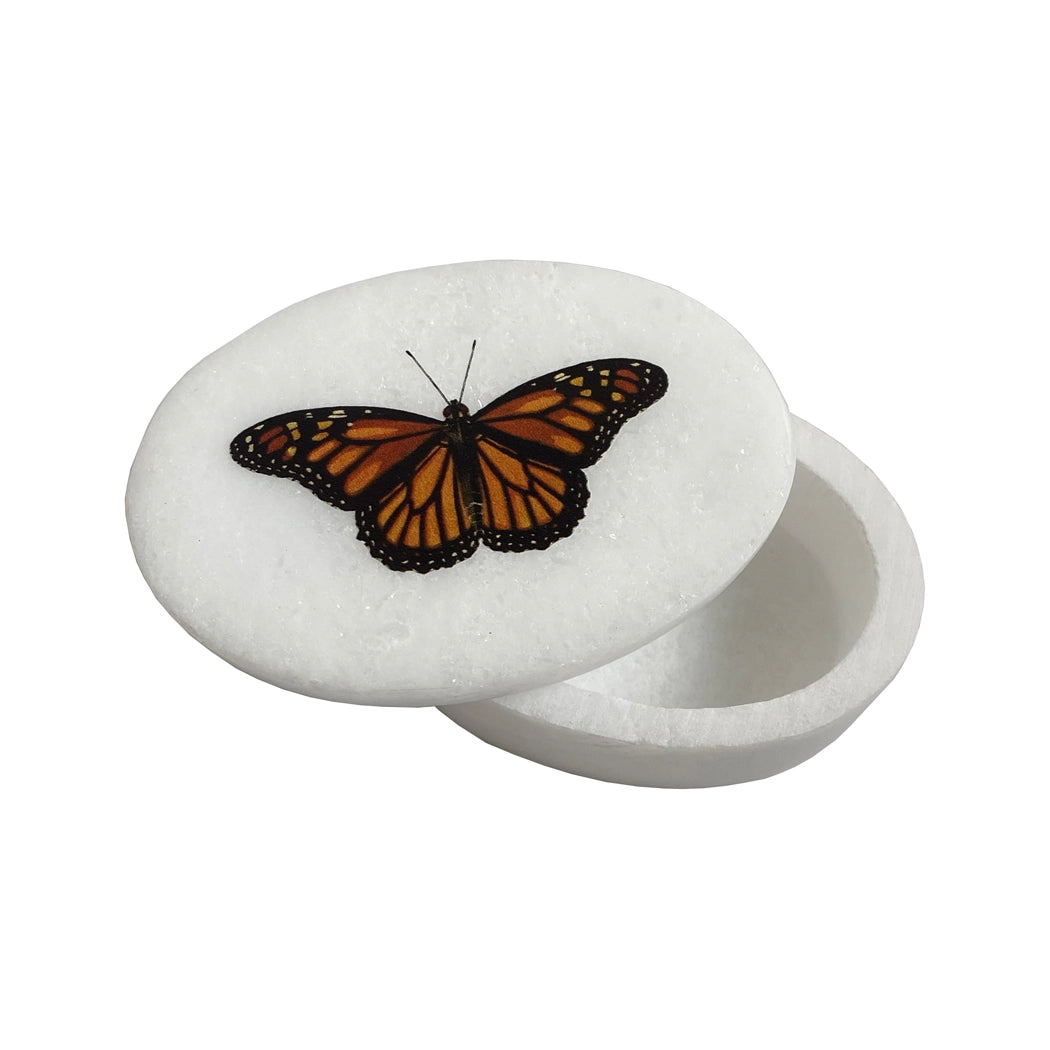 3" & 4" Monarch Butterfly White Oval Soapstone Jewelry Box