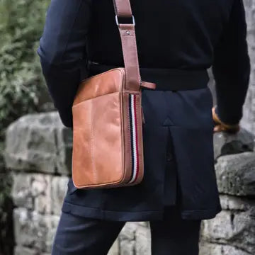 Brown Leather Messenger Bag with Striping