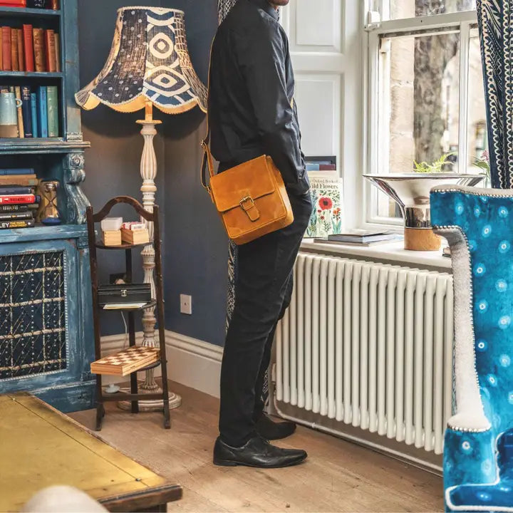 Mustard Brown Leather Messenger Bag