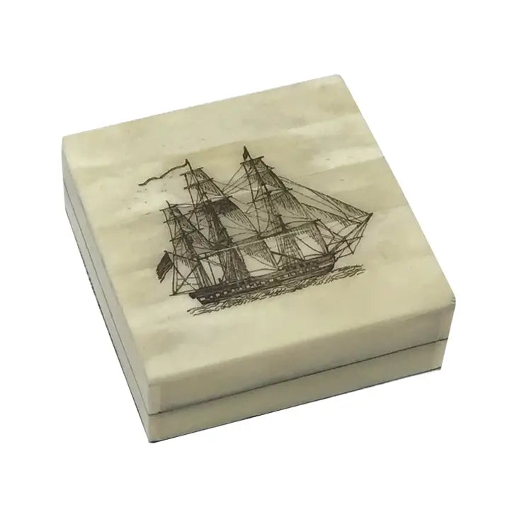 American Frigate Engraved Scrimshaw Ox Bone Compass Box