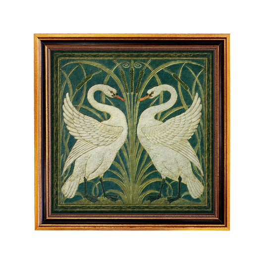 Two White Swans Vintage Wallpaper Print Behind Glass