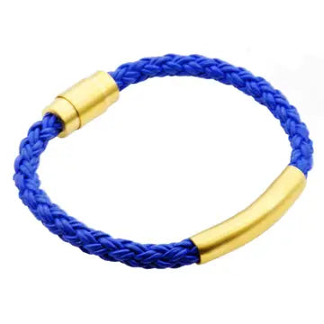 Blue Leather Bracelet with Gold accents