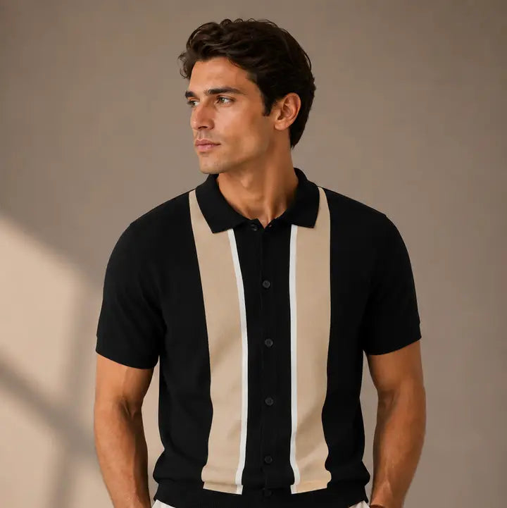 Black & Beige Striped Sweater Polo