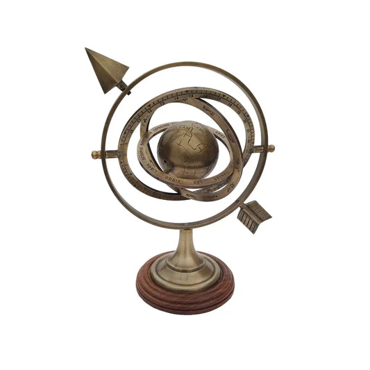 9-1/2" Antiqued Brass Armillary with Wood Base