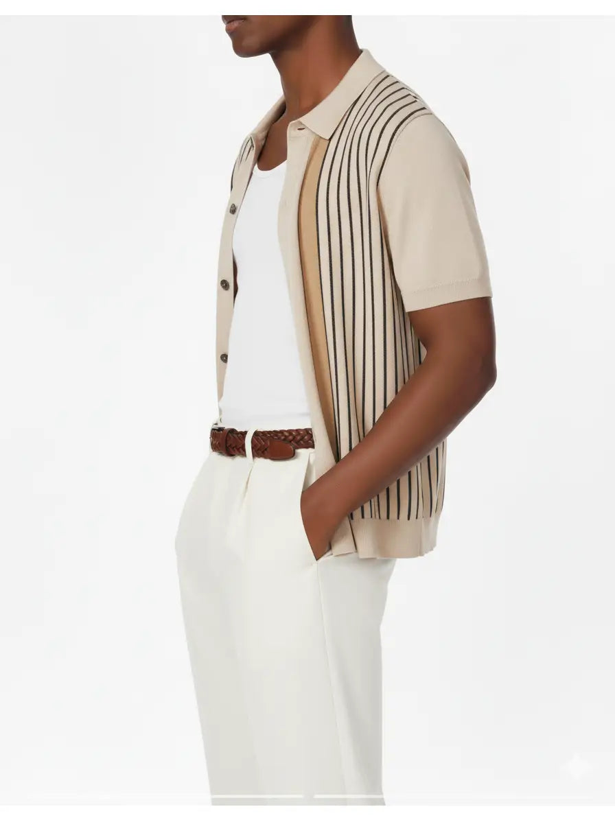 Beige Striped Sweater Button Up