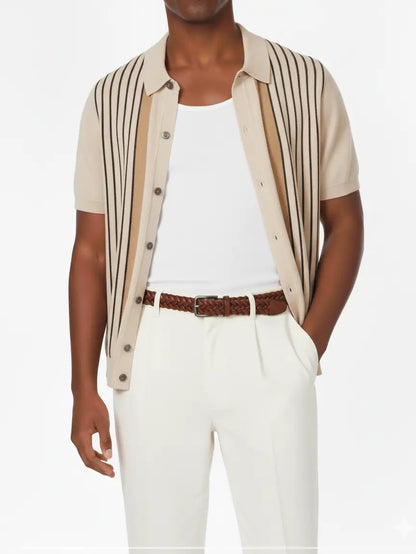 Beige Striped Sweater Button Up