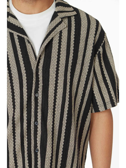 Textured Black with Tan Stripe Short Sleeve Button Down