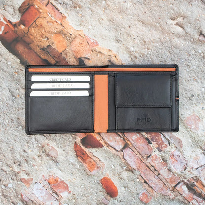 Men's Black Leather with Brown Stripe RFID Safe Bifold Wallet