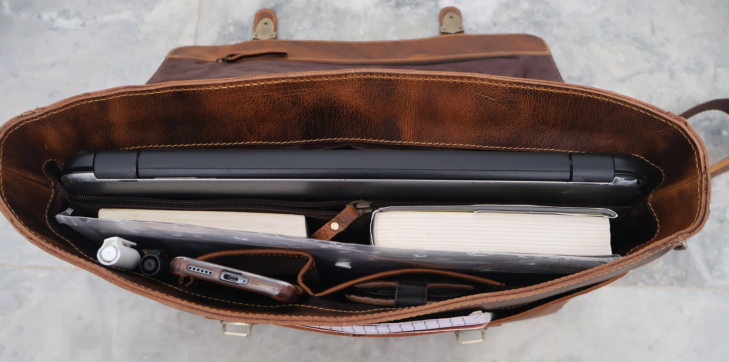 16" Buffalo Leather Satchel Messenger Bag Vintage Laptop Bag