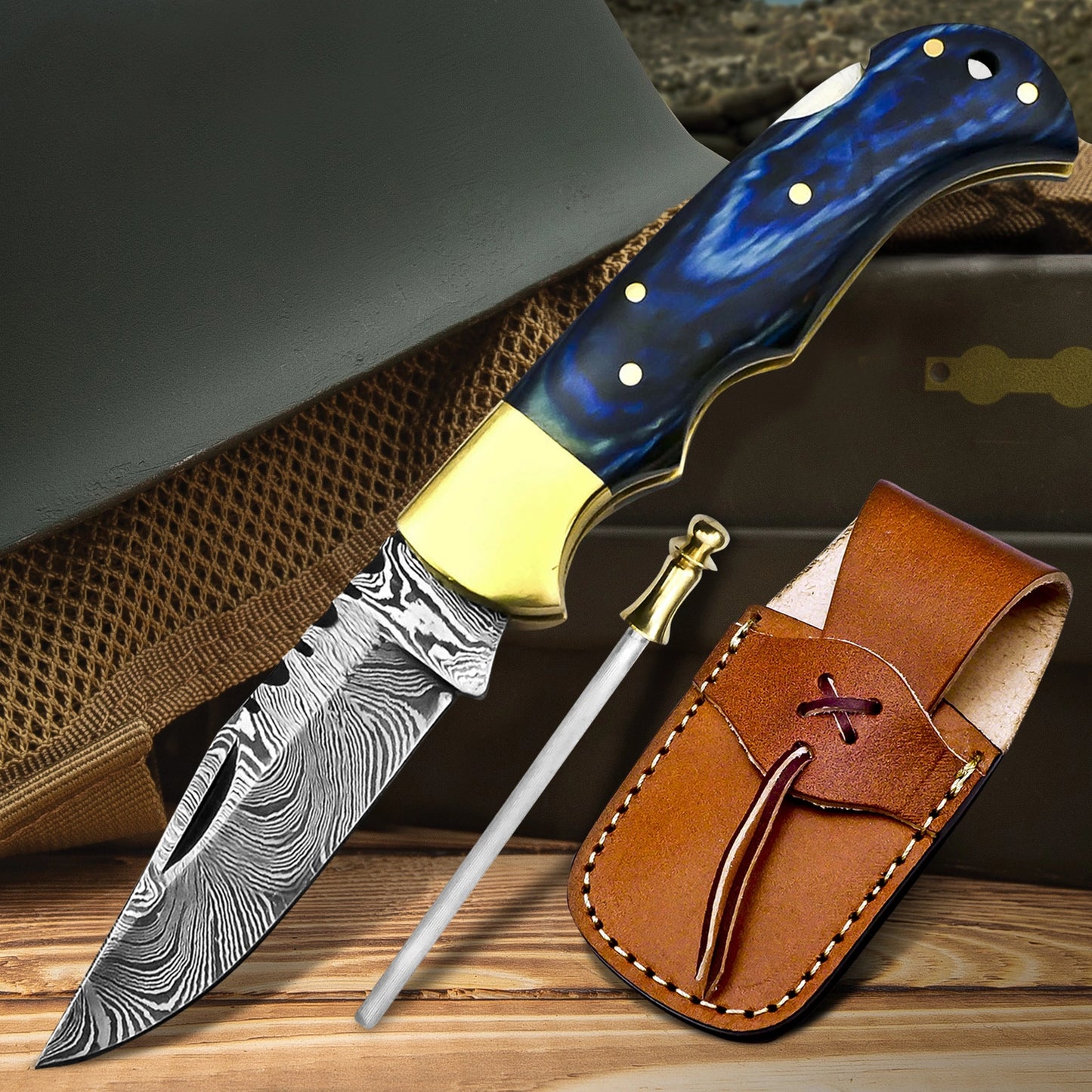 Blue Wood Handle Pocket Knife