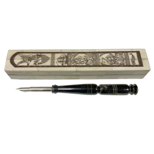 Engraved Scrimshaw Ox Bone Pen Box