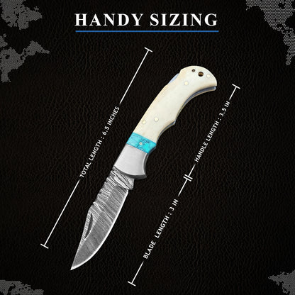 Bone Handle Folding Knife With Turquoise Resin Accent