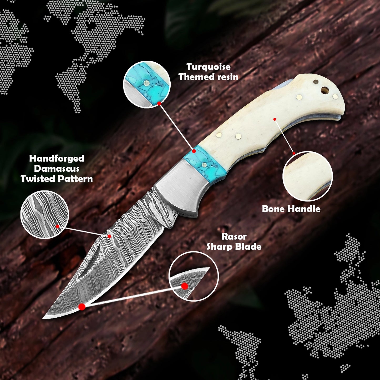 Bone Handle Folding Knife With Turquoise Resin Accent