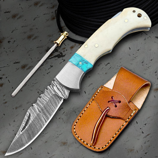 Bone Handle Folding Knife With Turquoise Resin Accent