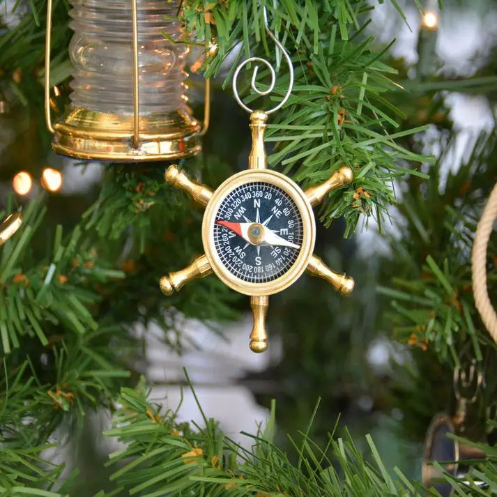 Brass Ship's Wheel Compass Christmas Tree Ornament