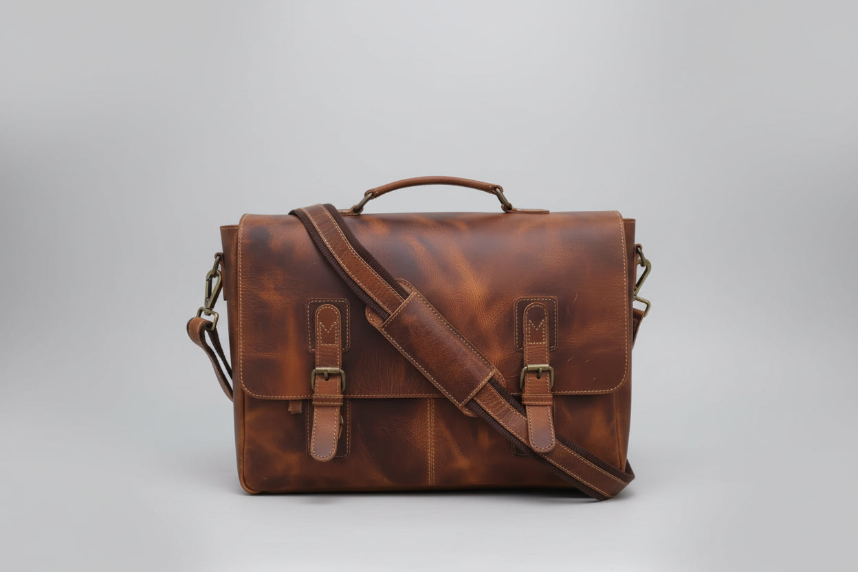 Brown leather satchel bag on a light gray background