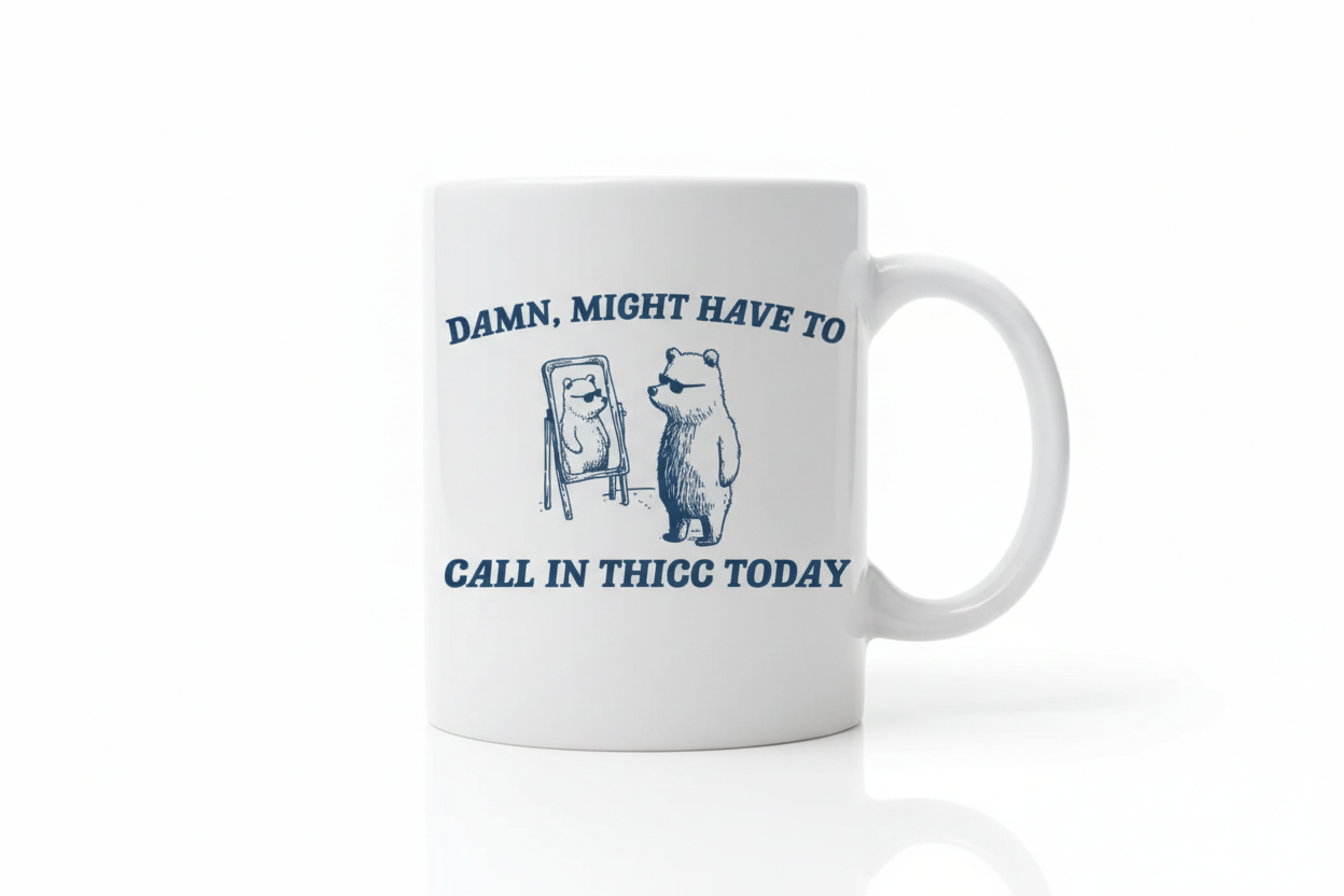 White mug with bear illustration and text held by a person with pink nail polish against a blurred background.