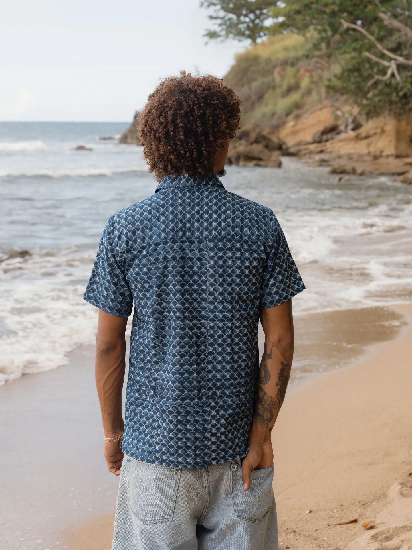 Organic Cotton Indigo Block Print Button Down Shirt