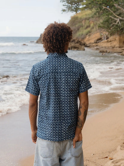 Organic Cotton Indigo Block Print Button Down Shirt