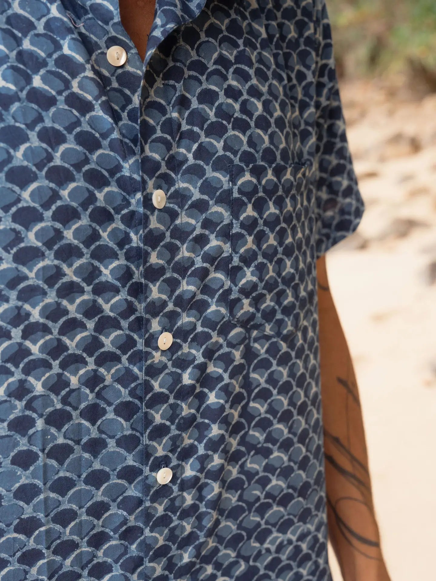 Organic Cotton Indigo Block Print Button Down Shirt