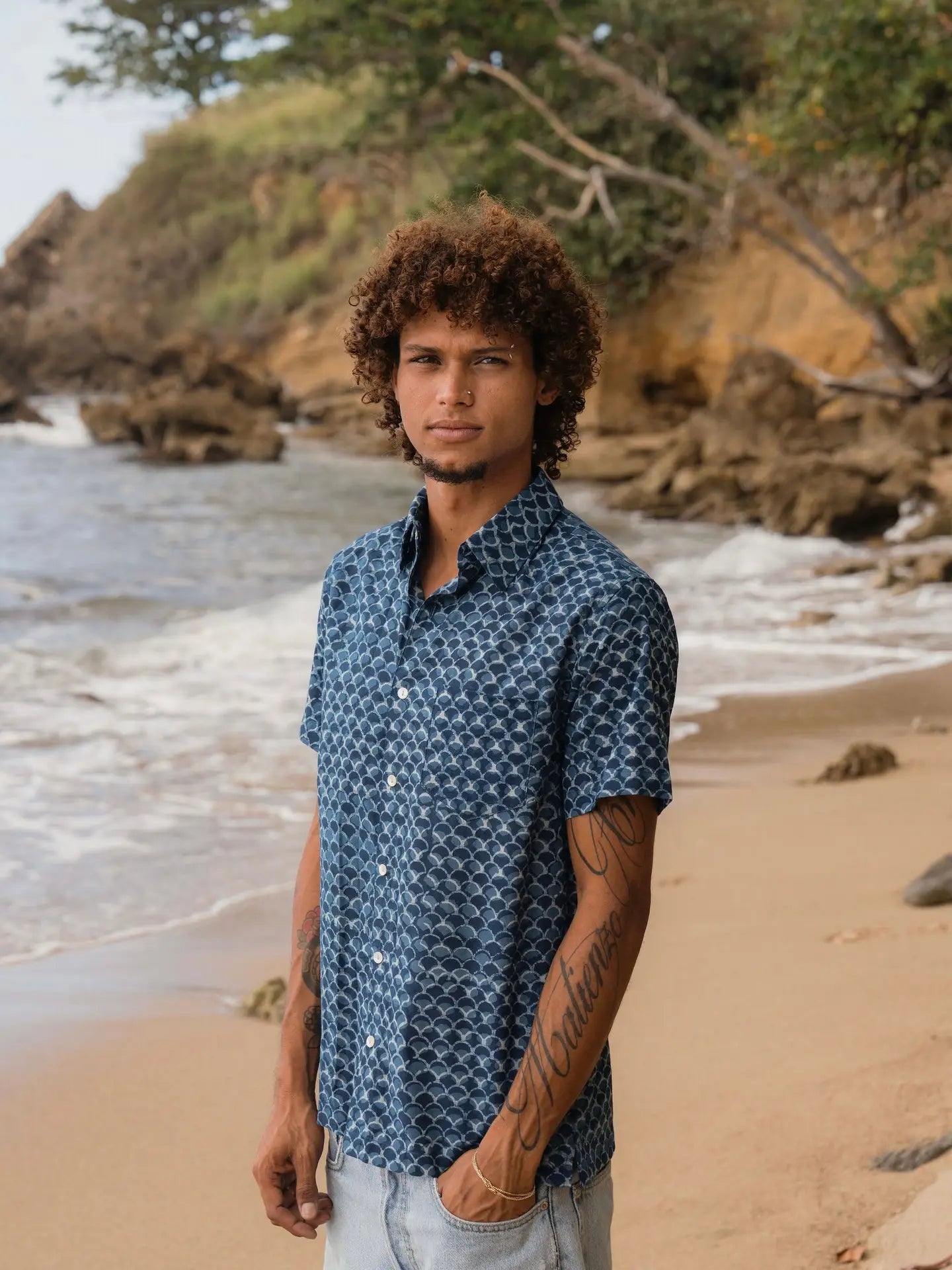 Organic Cotton Indigo Block Print Button Down Shirt