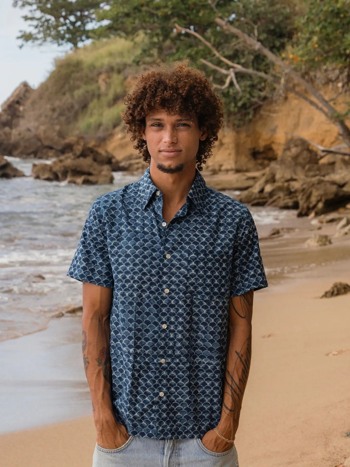 Organic Cotton Indigo Block Print Button Down Shirt
