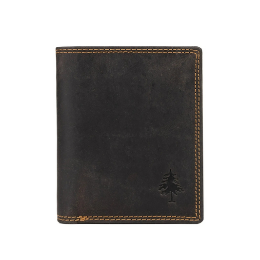 Black leather wallet with a tree emblem on a white background