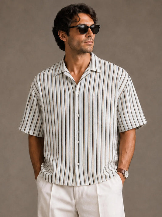 Textured Striped Crochet Button Down Shirt
