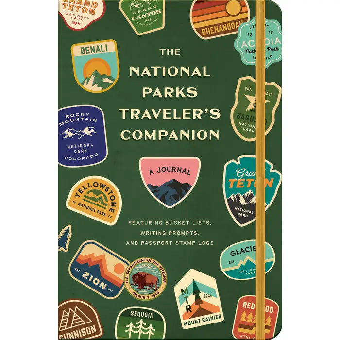 Journal titled 'The National Parks Traveler's Companion' with various national park logos on a green background.