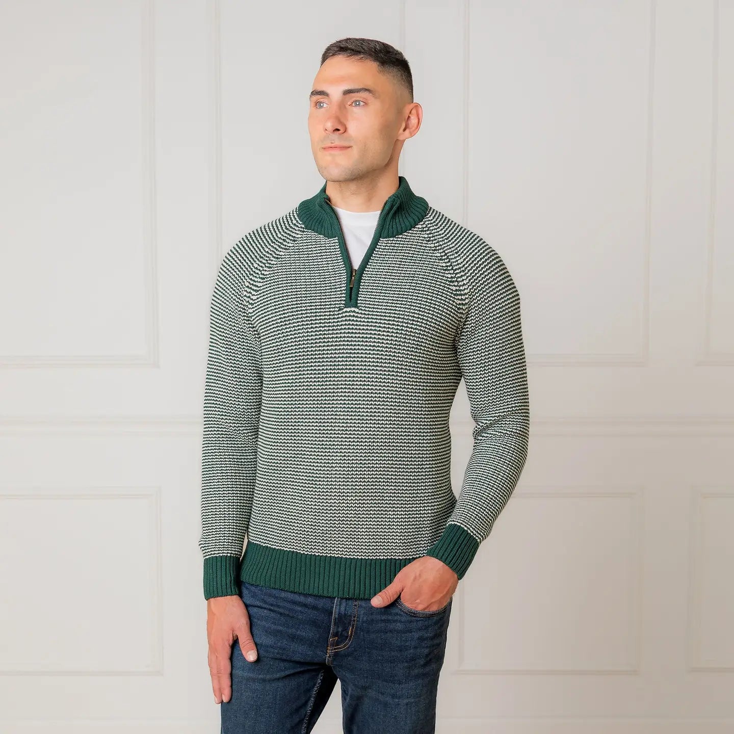 Organic Half Zip Pullover in Green Stripe