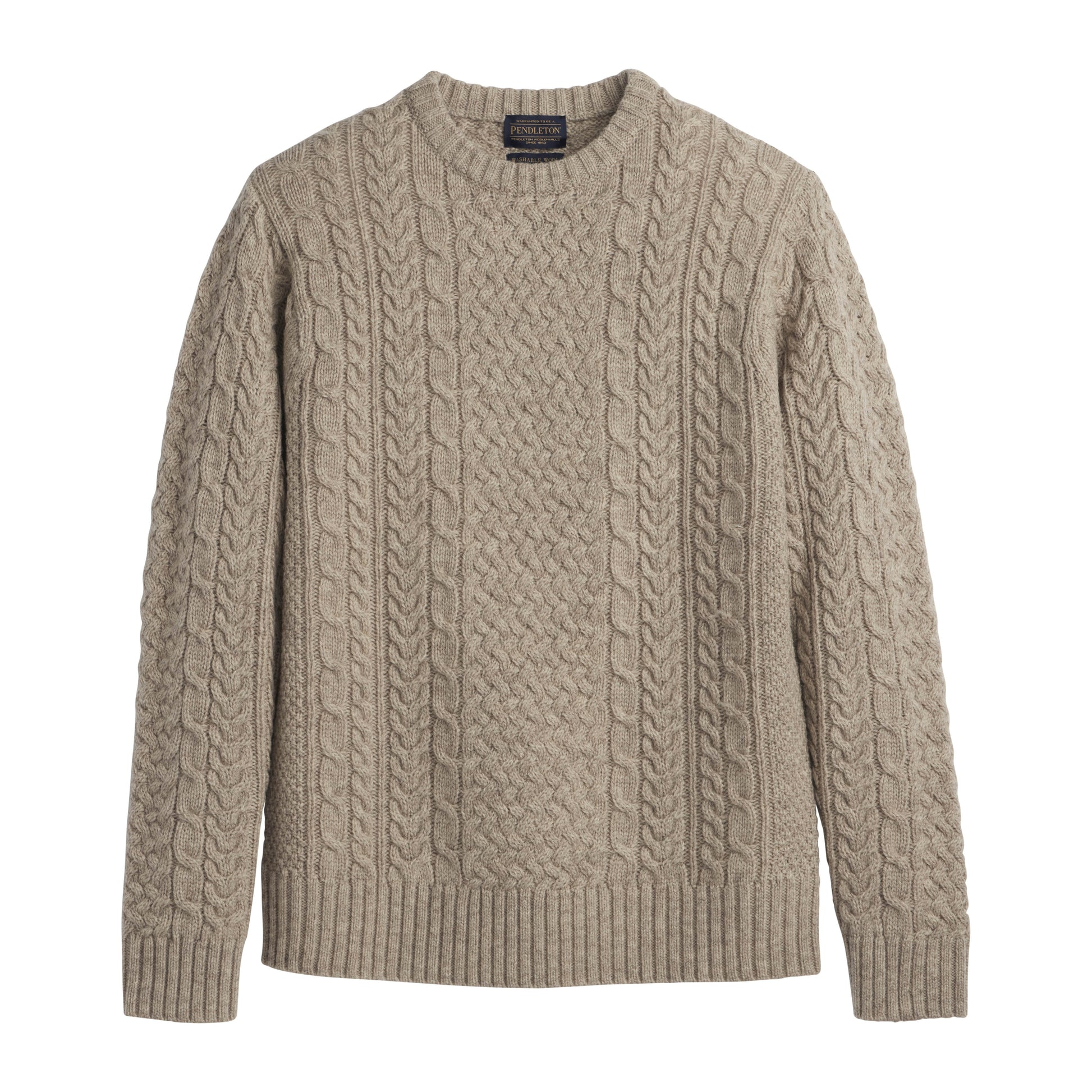 Beige cable knit sweater on a white background