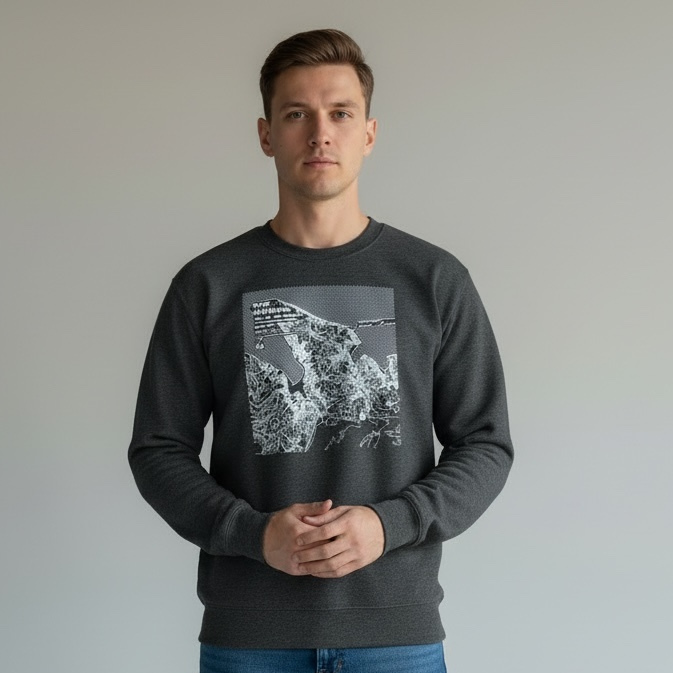 Man wearing a dark gray sweatshirt with a graphic design and blue jeans on a plain background