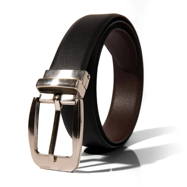 Reversible Leather Black and Brown Belt with Silver Buckle