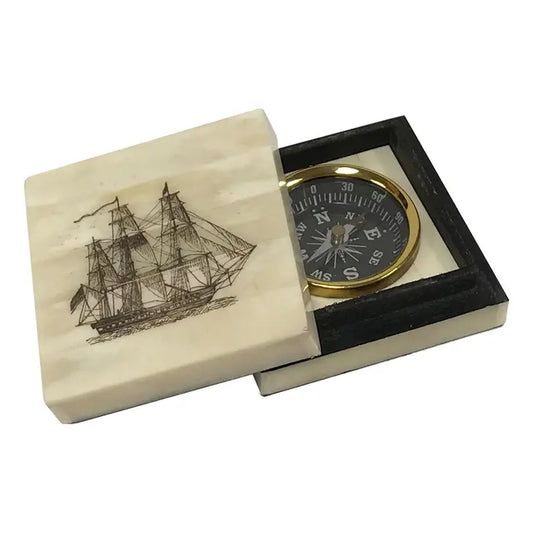 American Frigate Engraved Scrimshaw Ox Bone Compass Box