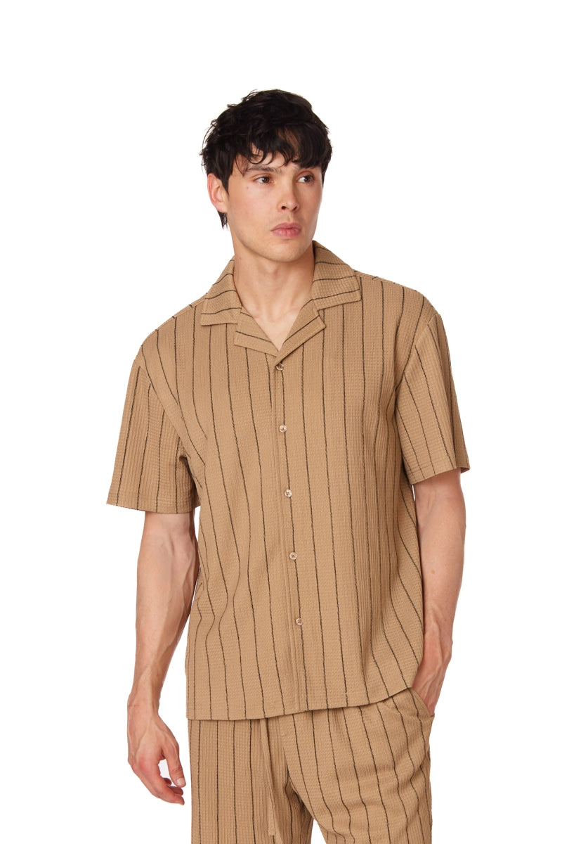 Textured Tan and Black Stripe Button Down Shirt