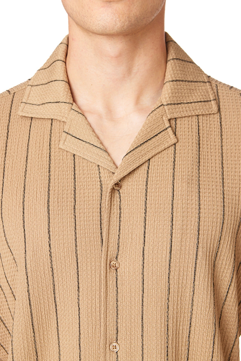 Textured Tan and Black Stripe Button Down Shirt