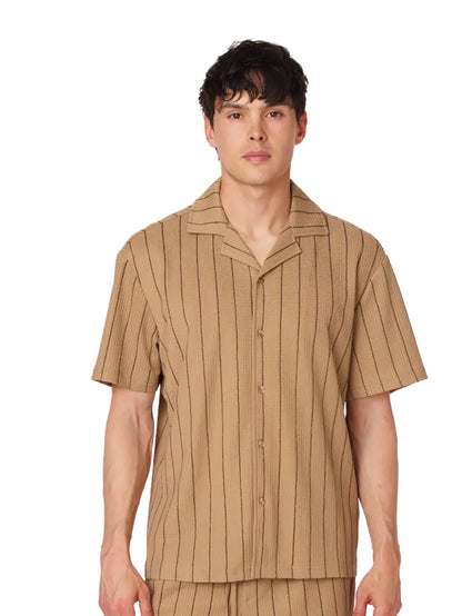 Textured Tan and Black Stripe Button Down Shirt