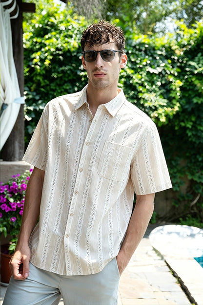 Cream Striped Embroidered Button Down Shirt