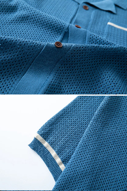 Blue Open Knit Button Down Shirt
