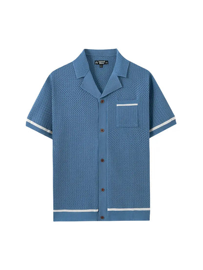 Blue Open Knit Button Down Shirt