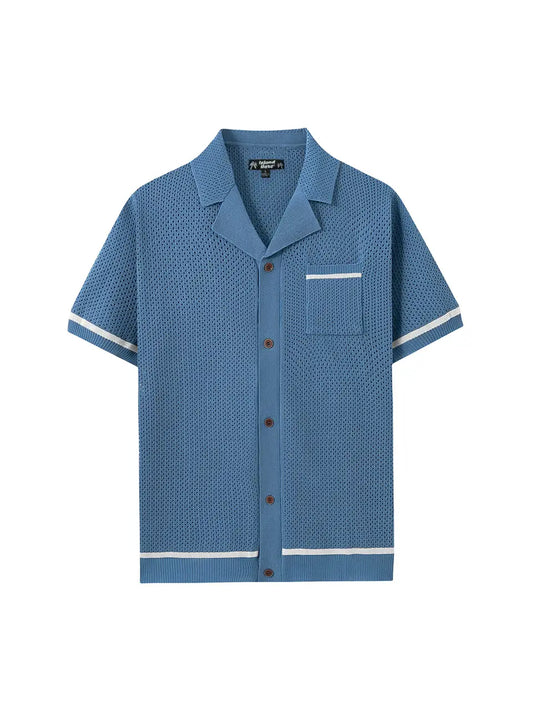 Blue Open Knit Button Down Shirt