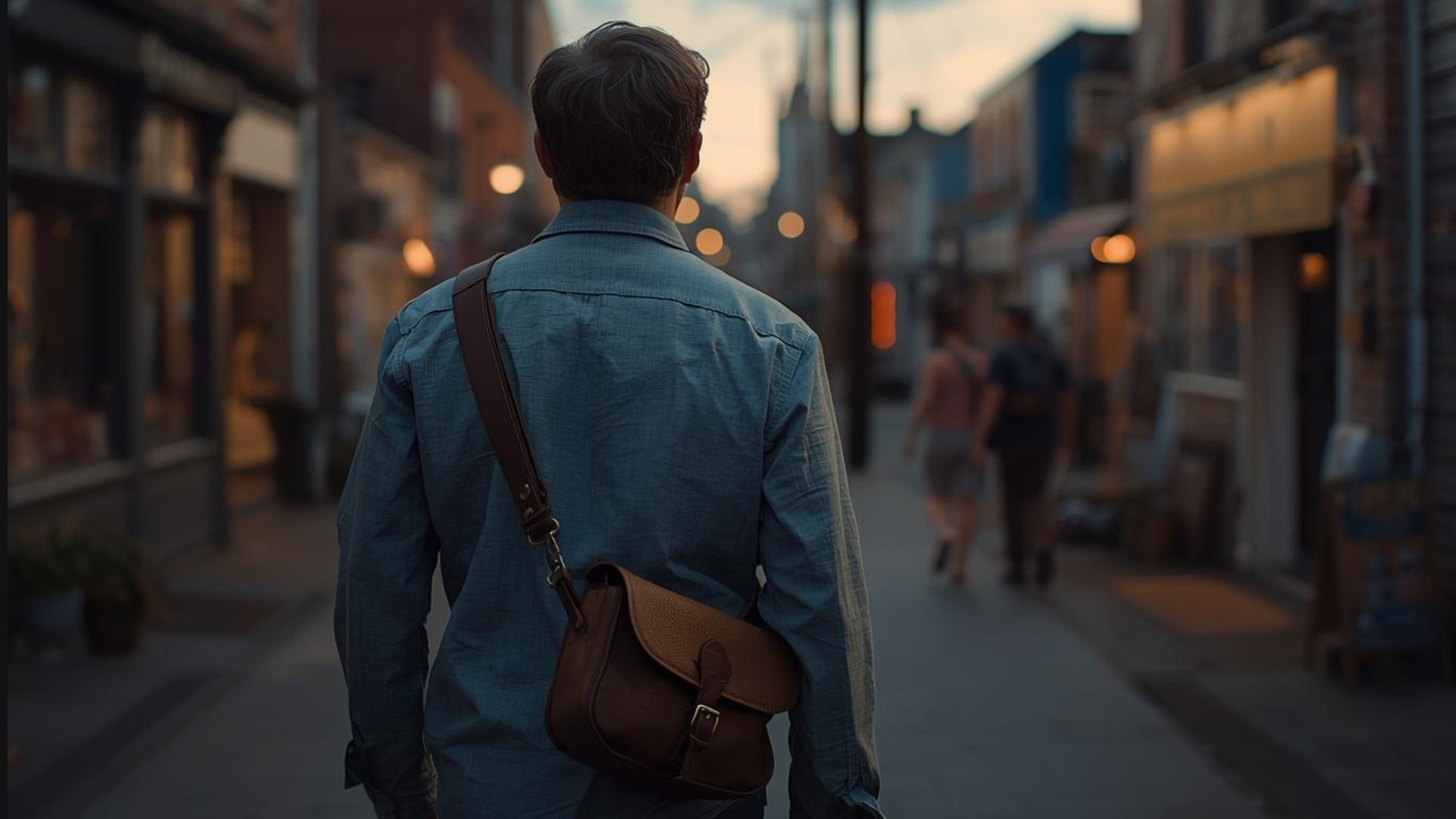 Man walking down a city street at dusk with a brown leather bag.