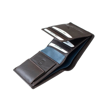 RFID Dark Brown Leather with Blue Stripe Trifold Wallet & Card Holder