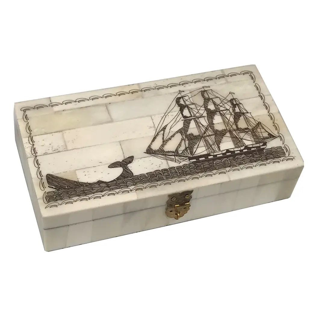 Whale Chase Etched Scrimshaw Decorative Bone Box