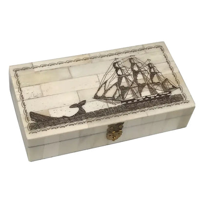 Whale Chase Etched Scrimshaw Decorative Bone Box